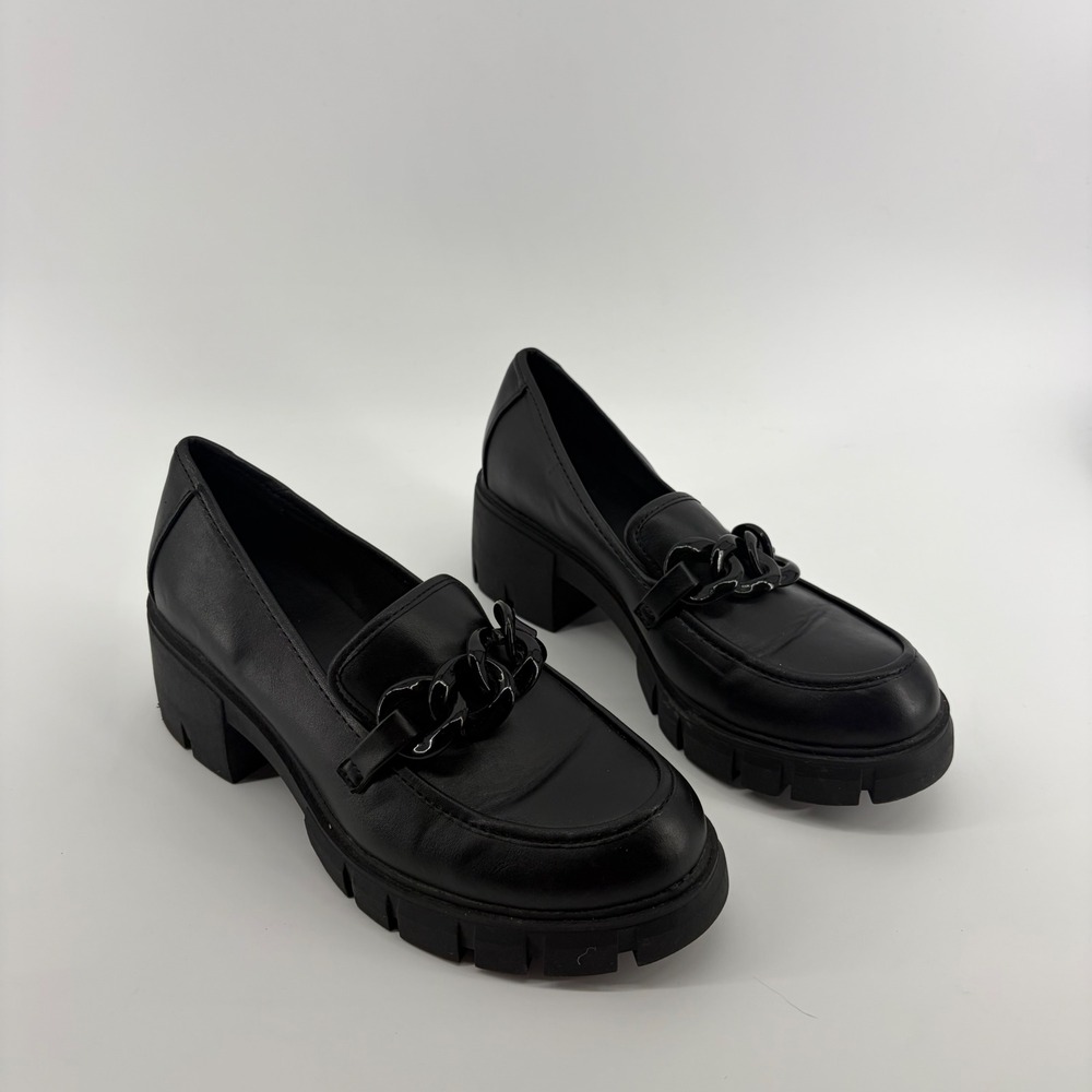 Madden NYC Womens 9 Black Platform Loafers Lug Sole Chain Detail WMMN43AM600